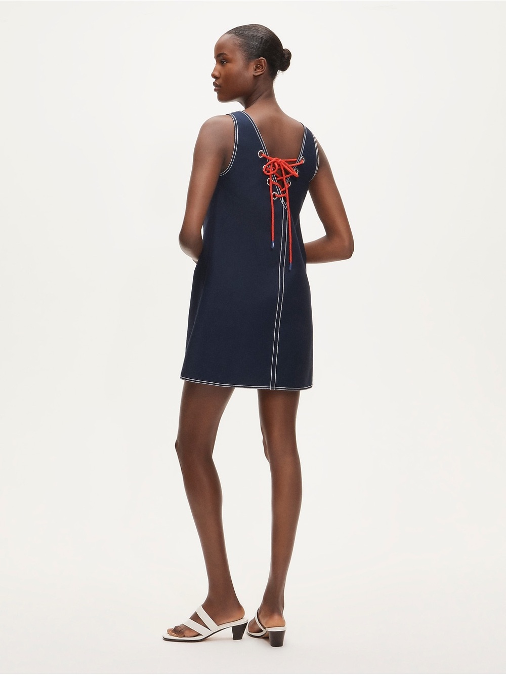 NWT J. Crew Navy Sleeveless Shift Dress with Red Lace-Back